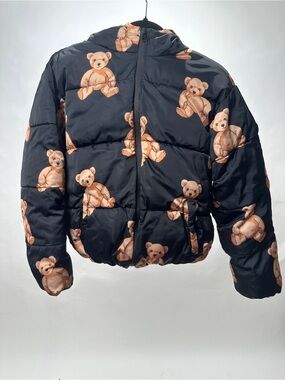 Forever 21 Black Puffer Jacket with Brown Teddy Bear Print